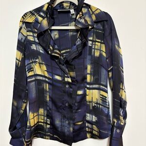 Elegant Plaid Ruffle Blouse in Navy and Yellow